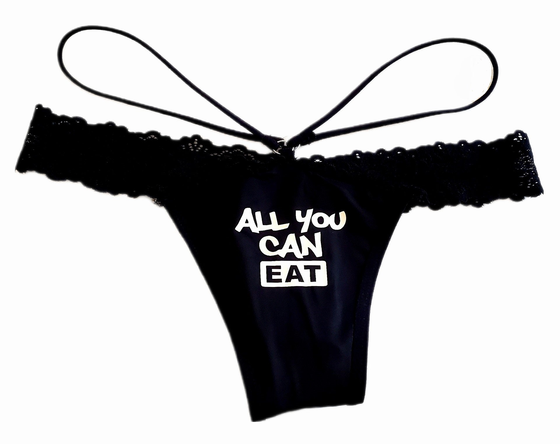All You Can Eat Black Thong Panty With Lace Waistband