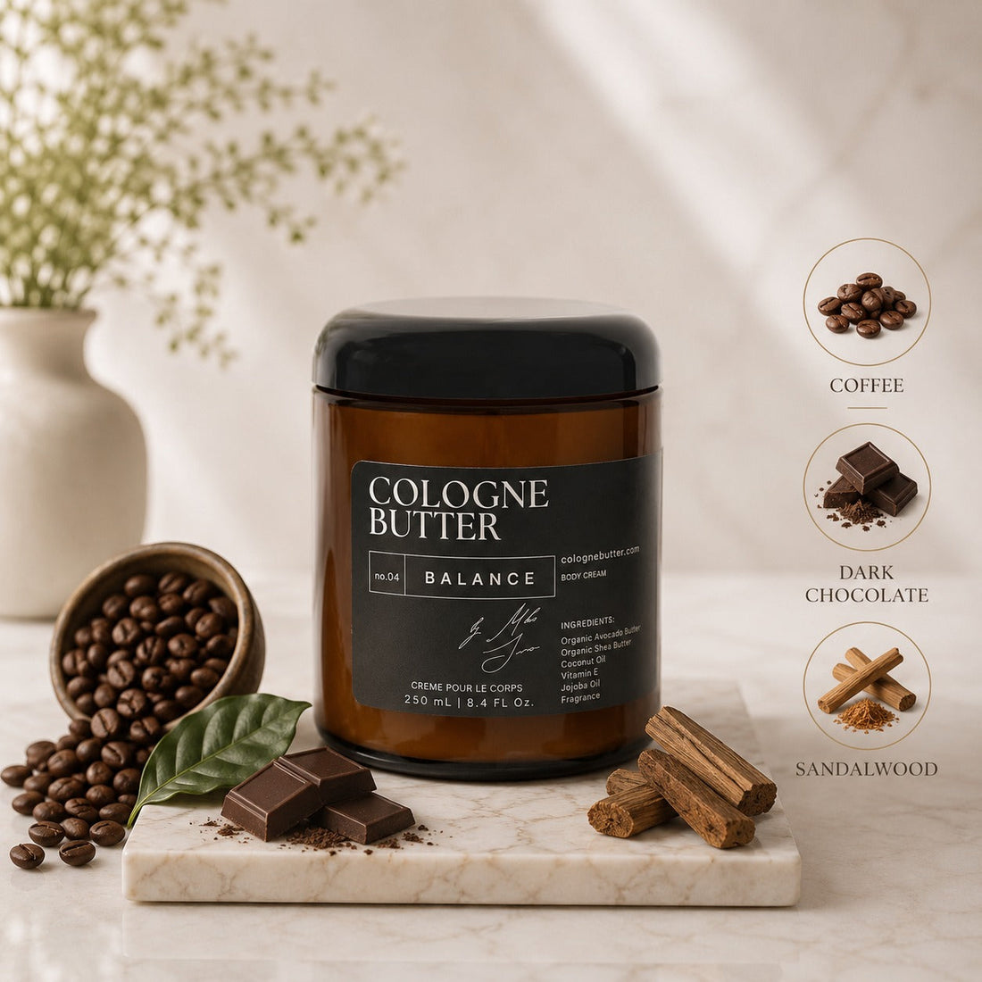 BALANCE – Luxury Fragrance Body Butter | Coffee, Dark Chocolate &amp; Sandalwood Cologne Scent Moisturizing Skin Butter | Cologne Butter