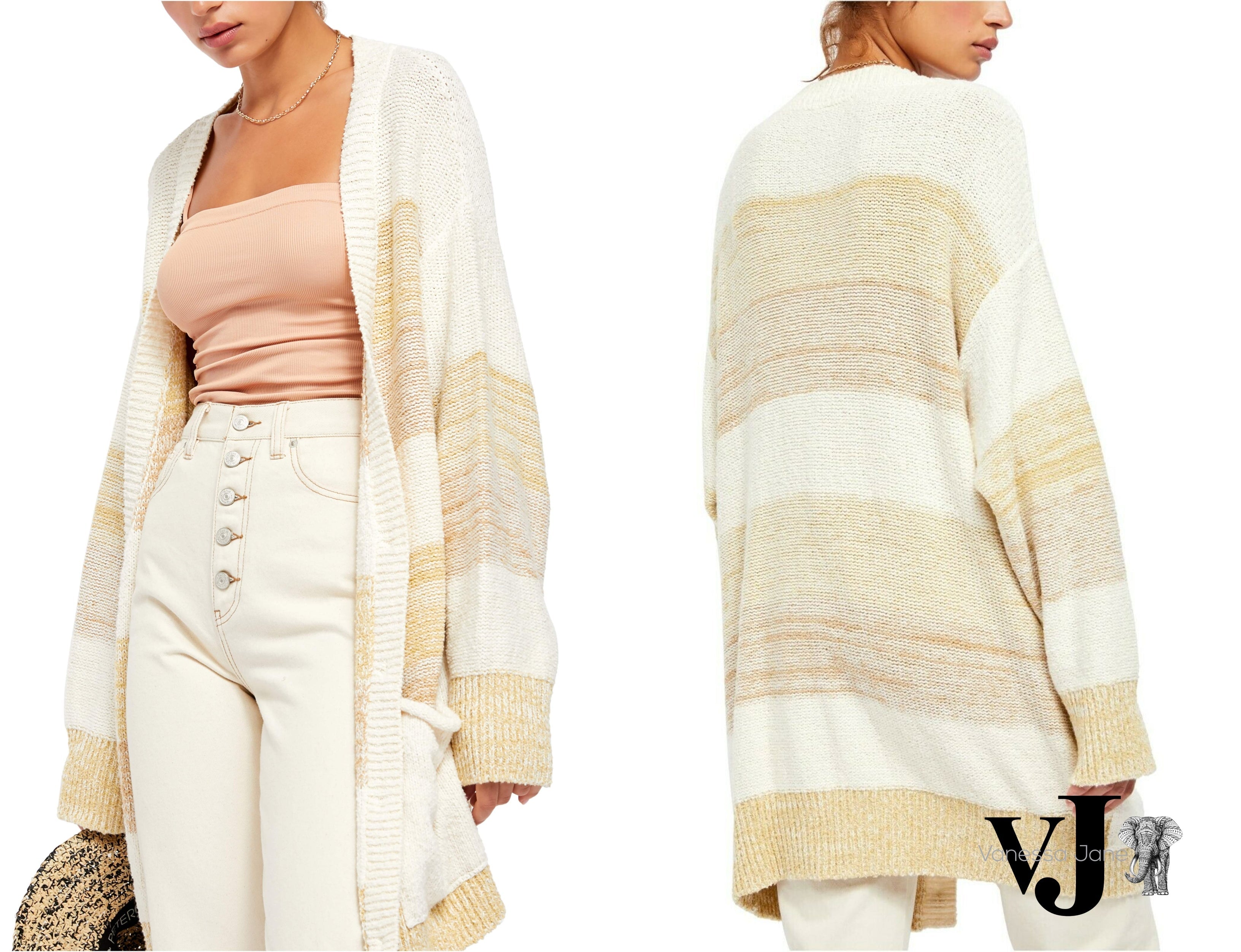 Free People Womens Beige Striped Open Cardigan Sweater, Medium