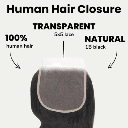 Body Wave 5x5 Transparent Lace Human Hair Closure