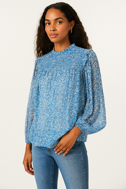 Aqua Smocked Floral Print Top, Size Small