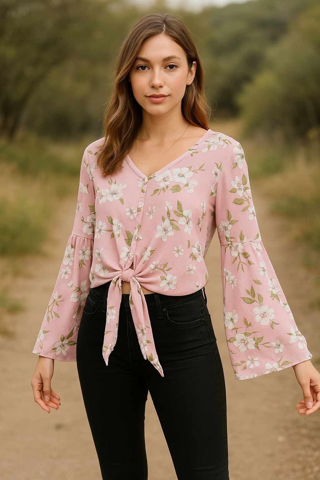 Polly &amp; Esther Juniors Tie-Front Bell-Sleeve Top