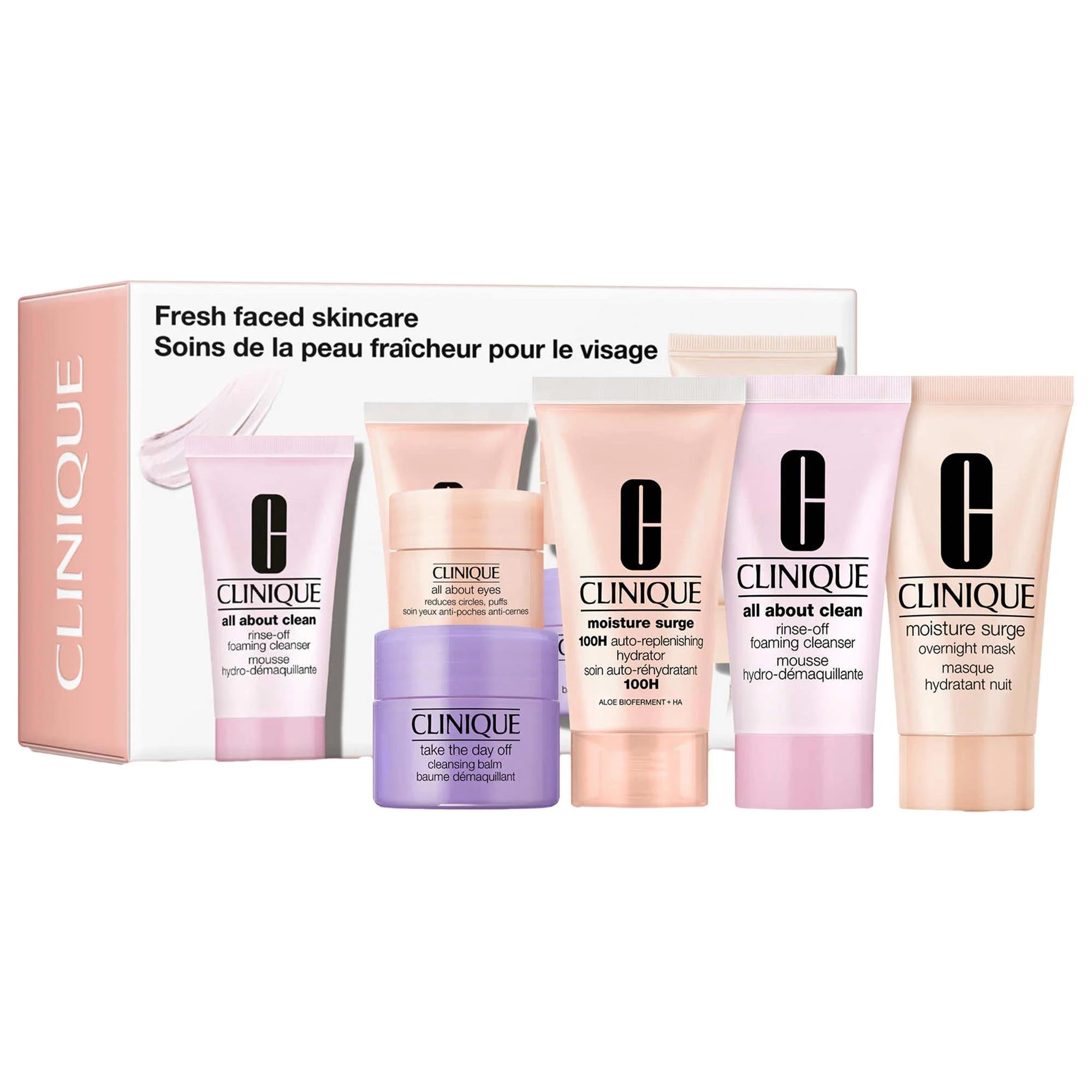 Clinique Exclusive Fresh Faced Skincare Set: Hydrating Moisture Surge, Cleansing Balm &amp; Eye Cream - Paraben &amp; Phthalate Free