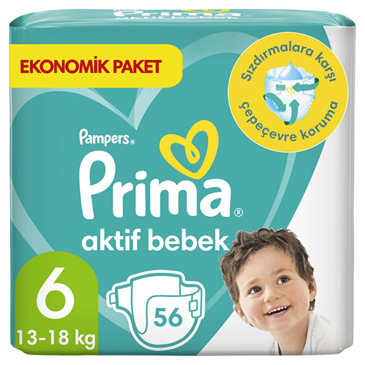 Prima Pampers Active Baby Diapers Size 6 - 56 Count, Extra Large, Leakproof &amp; Dermatologically Tested