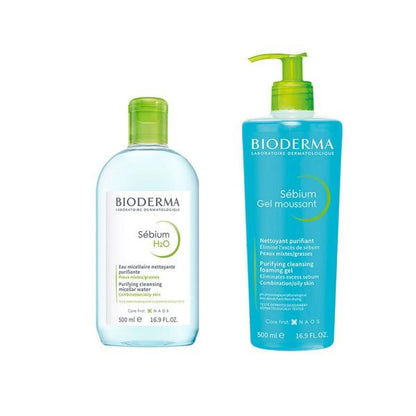 Bioderma Sebium Skincare Set for Oily Skin - Gentle Cleansing &amp; Non-Comedogenic - Sebium H2O &amp; Foaming Gel