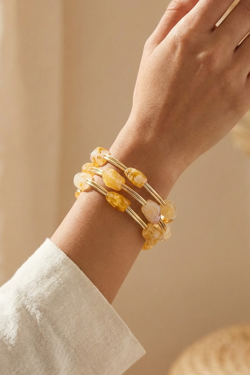 Marble Resin Stones And Metallic Tubes Bracelet Set