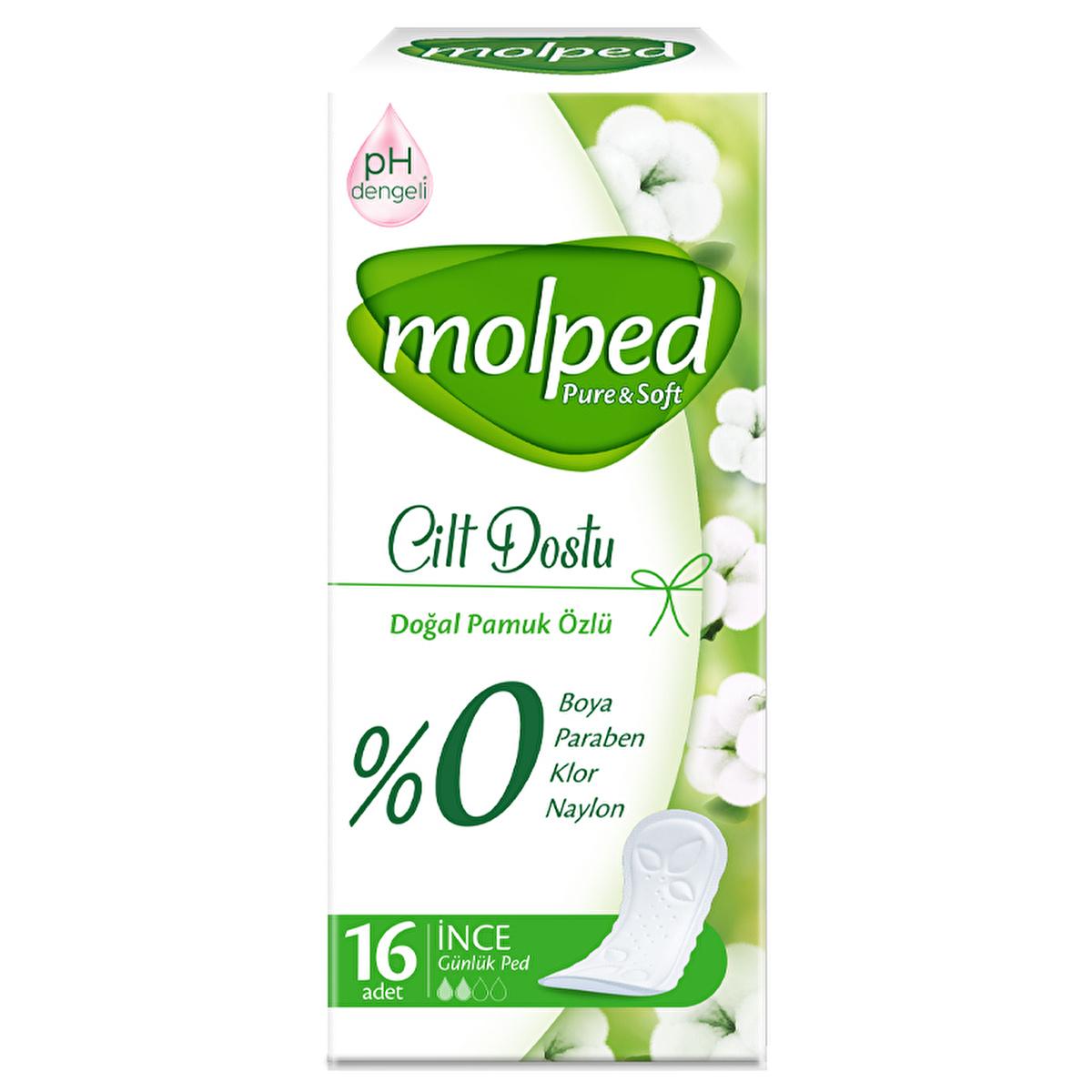 Molped Pure &amp; Soft Daily Sanitary Pads - Natural, Hypoallergenic, pH Balanced - 16 Count