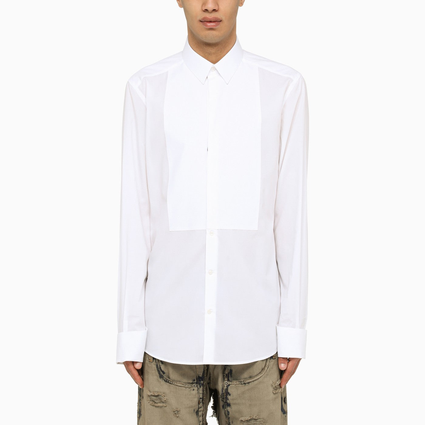 Dolce&amp;Gabbana White Poplin Gold Tuxedo Shirt