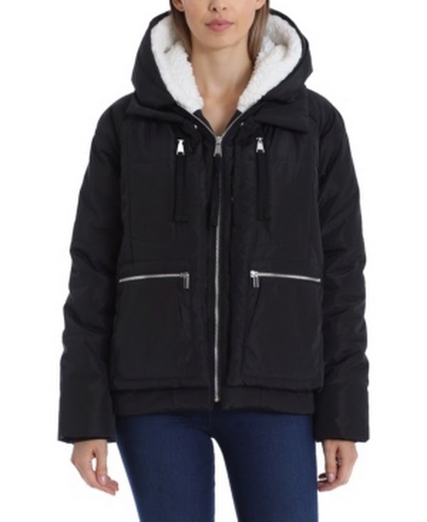 Bagatelle Zippered Pocketed Utility Faux Fur Water Resistant Jacket, Size Medium