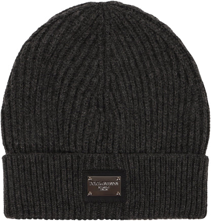 DOLCE &amp; GABBANA Ribbed Knit Beanie with Front Logo Patch