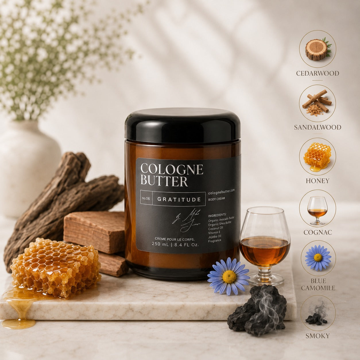 GRATITUDE – Luxury Fragrance Body Butter | Honey, Smoky Cedarwood &amp; Sandalwood Cologne Scent Moisturizing Skin Butter | Cologne Butter