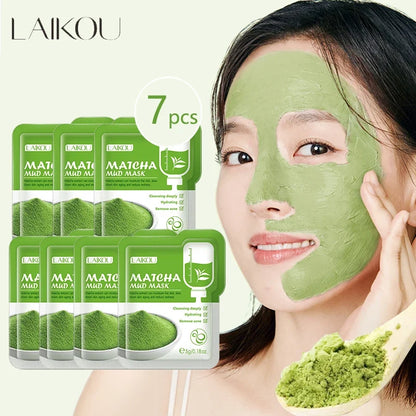 LAIKOU 7pcs Matcha Green Clay Mud Face Mask  Night Facial Packs dark circle Moisturize Mask for facecare