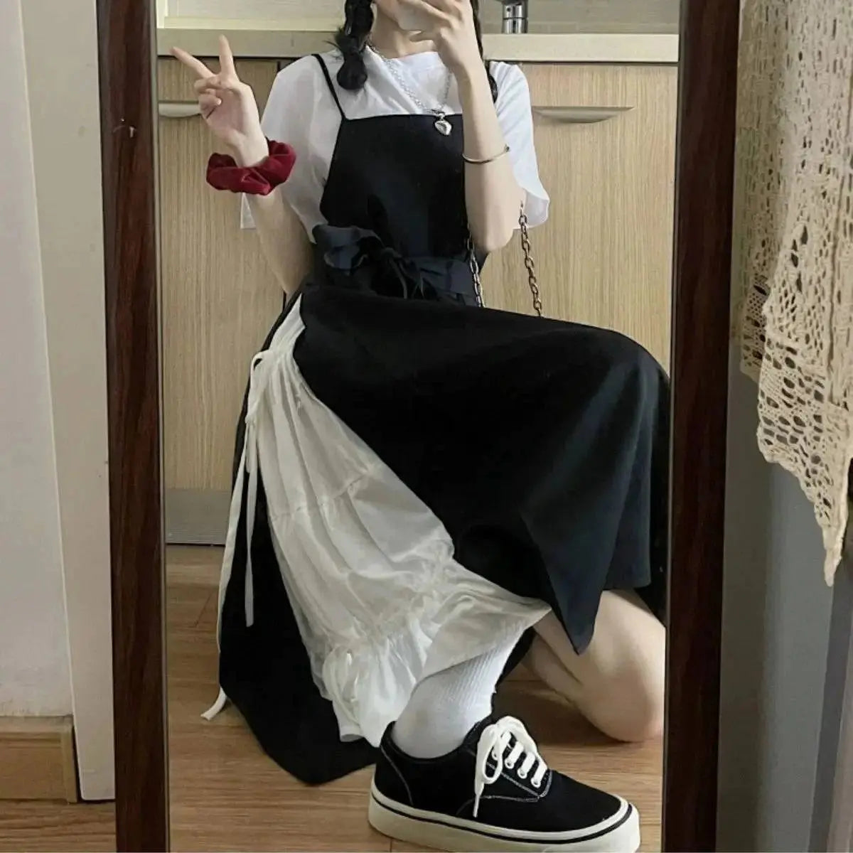 Women’s summer fashion dress by SHOPEZRA L.L.C., soft high waist vintage spaghetti strap casual Japanese streetwear lace-up dress
