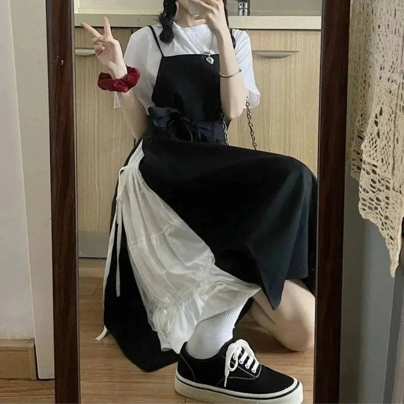 Women’s summer casual dress with spaghetti straps, high waist, lace-up details, vintage Japanese style, by SHOPEZRA L.L.C.
