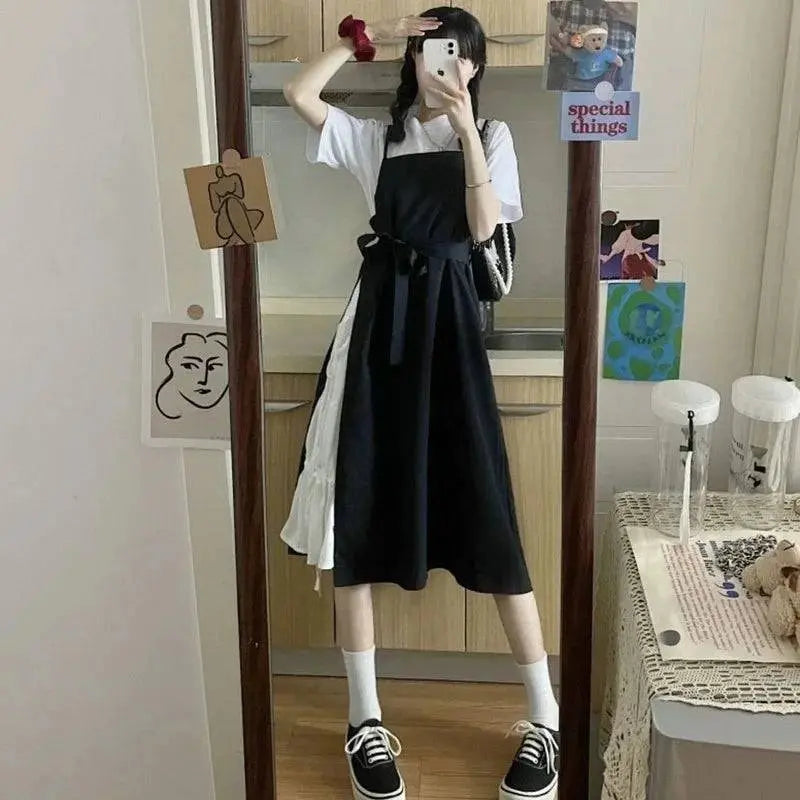 Women’s summer dress with spaghetti straps, soft high waist, lace-up detail, vintage Japanese streetwear style by SHOPEZRA L.L.C.