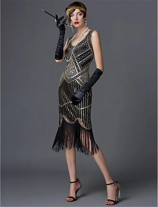 SIDAIMI 1920er Jahre Charleston Kleid Great Gatsby Kleid Rundhals Damen Paillettenkleid Elegant Quasten Partykleid Schwarz