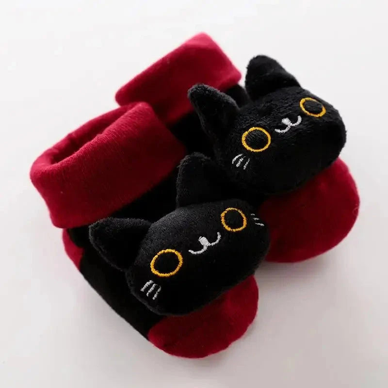 Cute cartoon baby anti-slip socks with rattle, warm cotton booties for newborns, suitable for boys and girls, perfect for first steps.