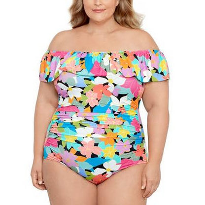 Swim Solutions Plus Size Tummy Control Off-the-Shoulder Ruffled Swimsuit