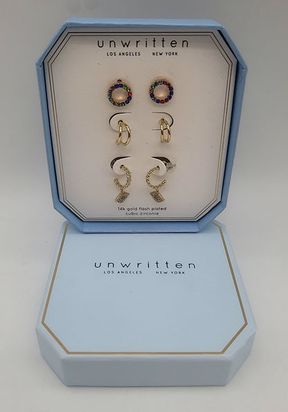 Unwritten 14K Gold Flash Plated 3-Pieces Cubic Zirconia Dainty Earring Set