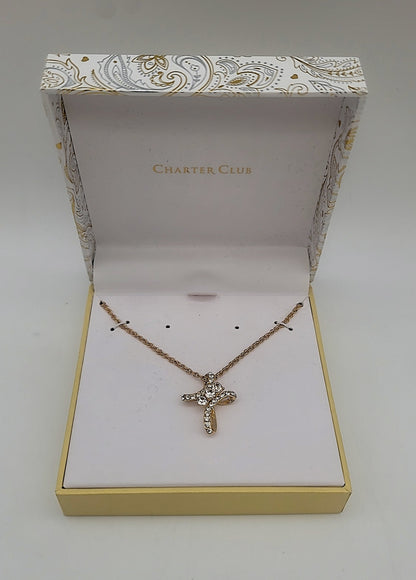 Charter Club Gold-Tone Pave Crystal Cross Pendant Necklace