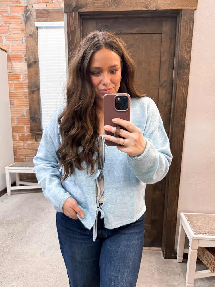 Brushed Front Tie Sweater: Sky