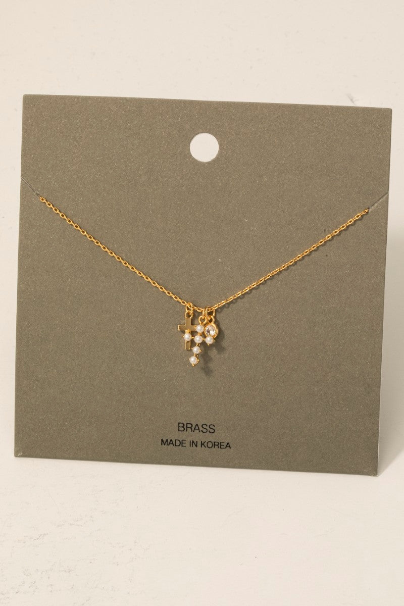 Pearl Cross And Gem Charms Chain Necklace