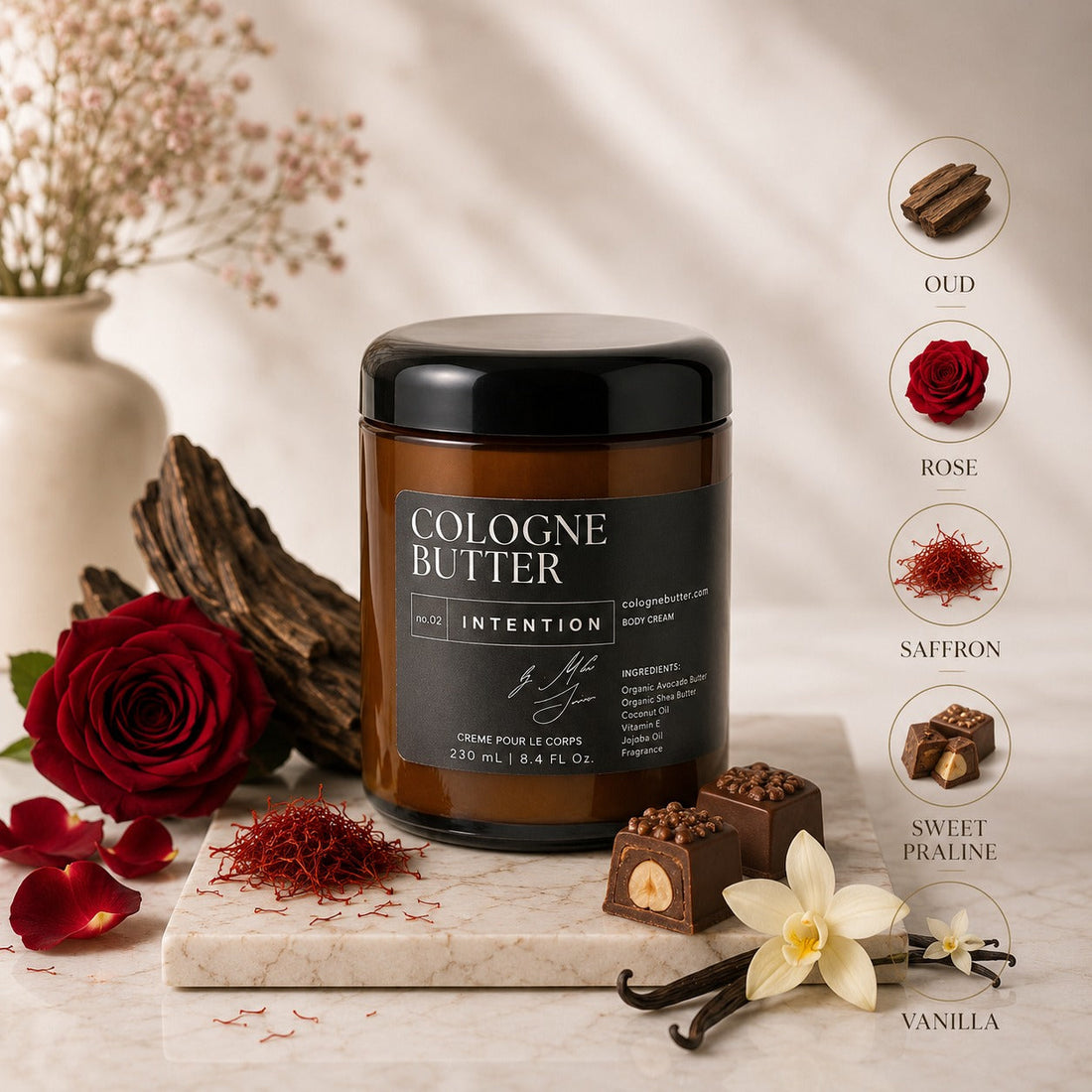 INTENTION – Luxury Fragrance Body Butter | Oud, Rose &amp; Vanilla Cologne Scent Moisturizing Skin Butter | Cologne Butter