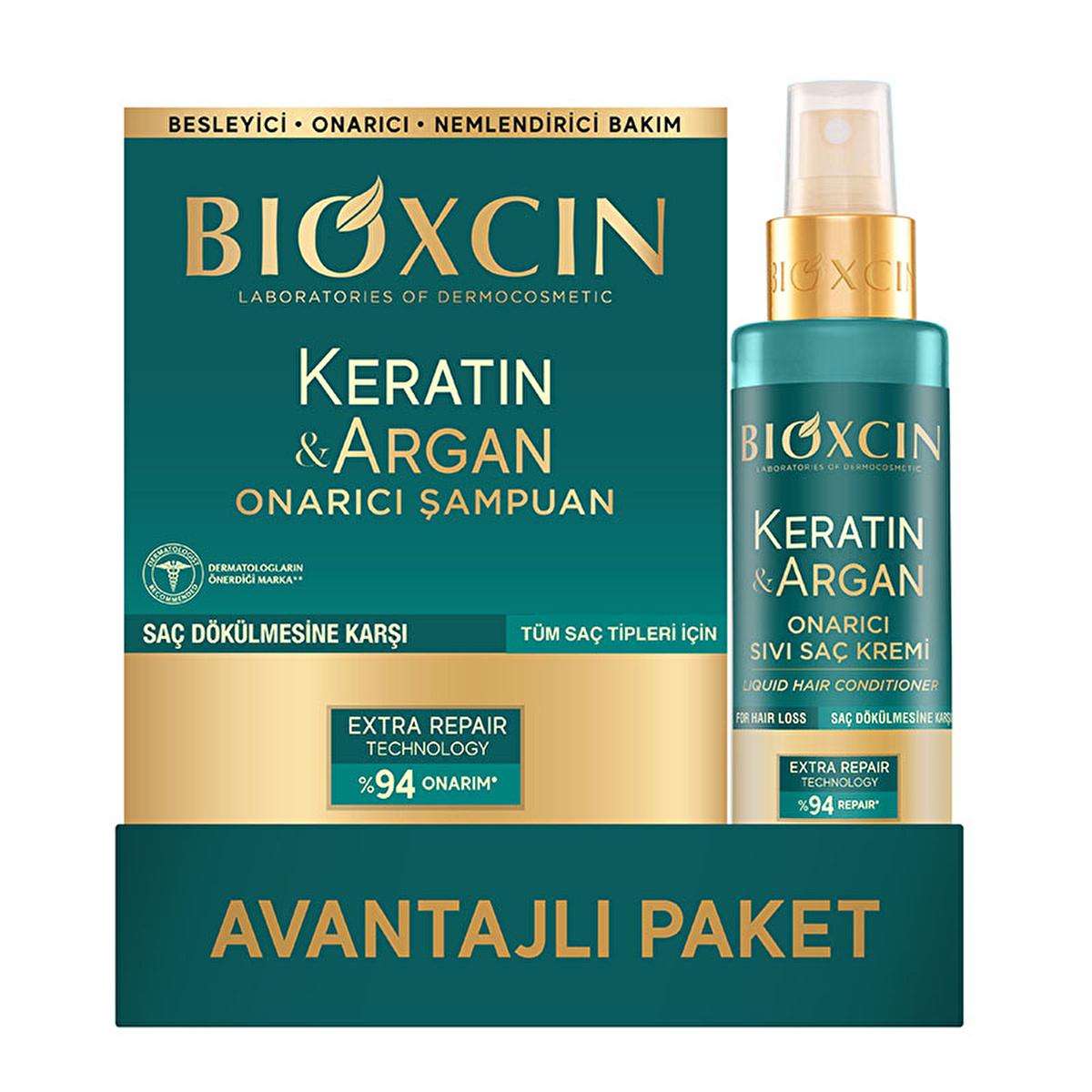 Bioxcin Keratin &amp; Argan Oil Hair Repair Set: Shampoo &amp; Leave-In Conditioner for Damaged Hair, Anti Hair Loss &amp; Intense Hydration