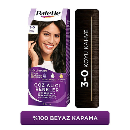 Palette Hair Dye - 3-0 Dark Brown with Keratin &amp; Nourishing Oils for Vibrant Color