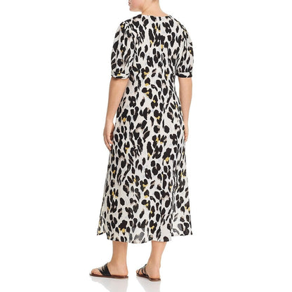 Lost Ink Womens Plus Puff Sleeve Animal Print MIDI Dress