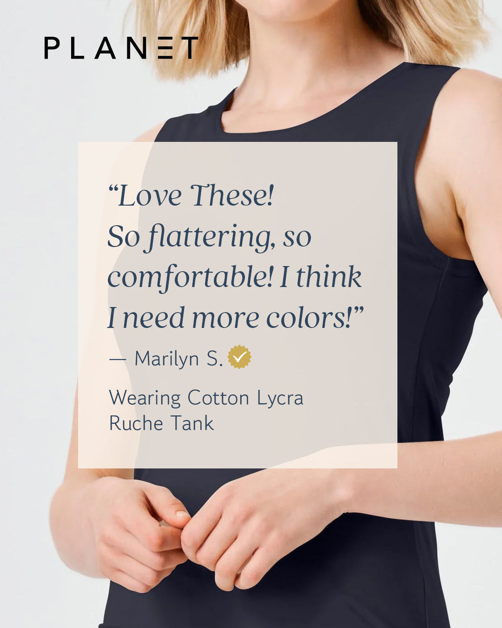 Woman wearing a ruched cotton tank top and sharing a positive review about its comfort and style.