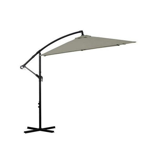 Milano Outdoor Umbrella cantilever design with beige weather-resistant polyester fabric and black steel frame on patio