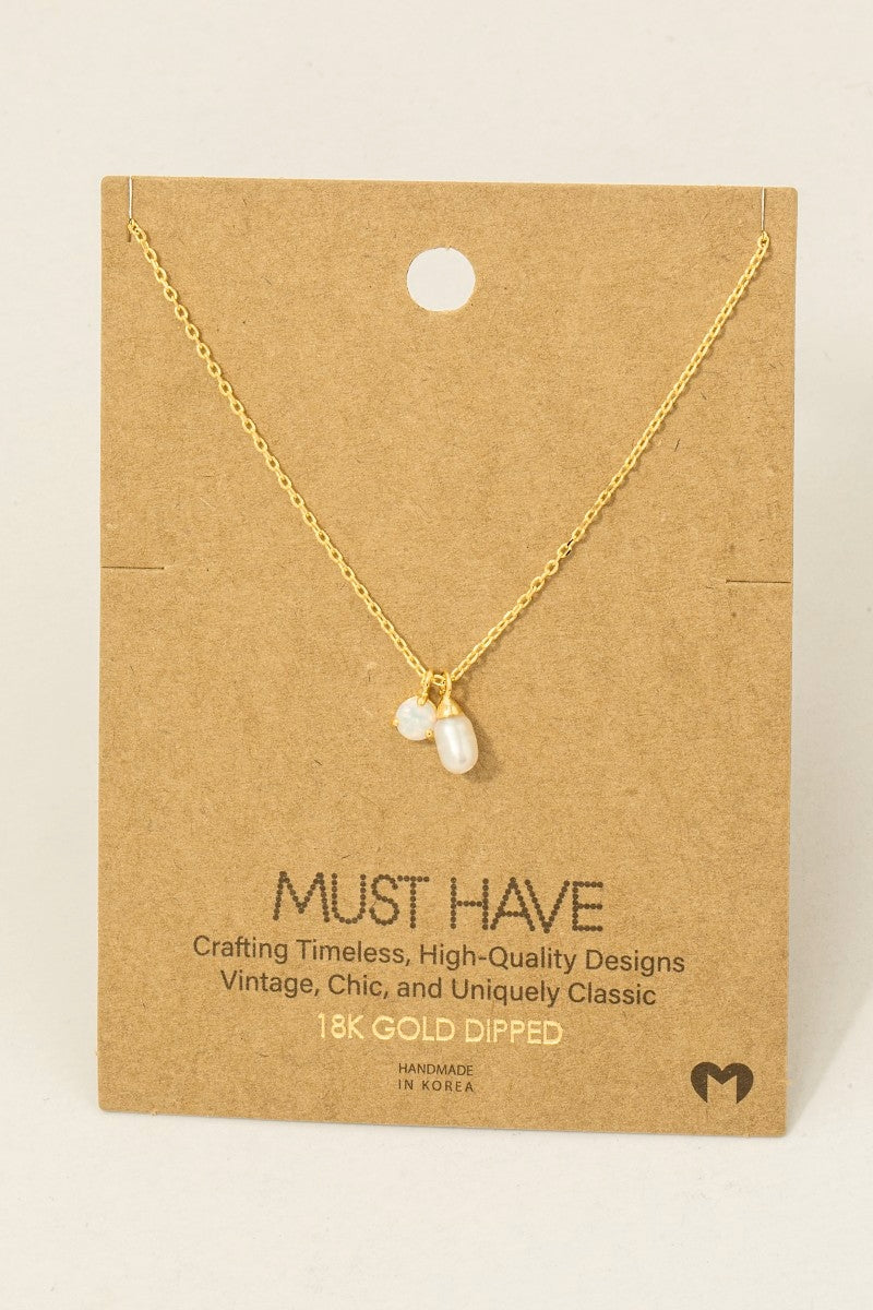 Gold Dipped Opal And Pearl Charms Chain Necklace: Gold