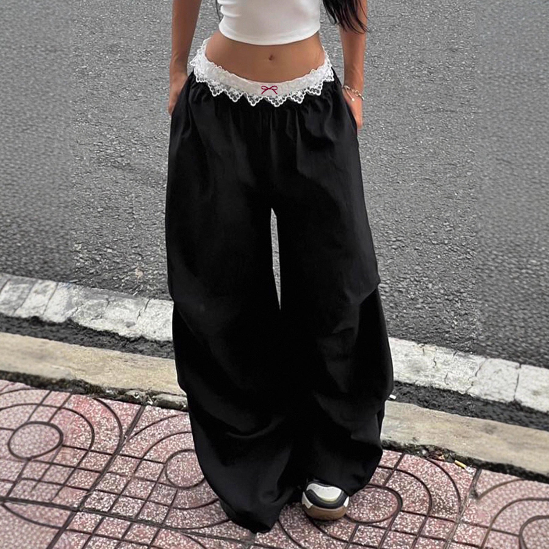 Street Stitching Lace Contrast Color Waist Head Women's Summer Wide Leg Mopping Woven Hose