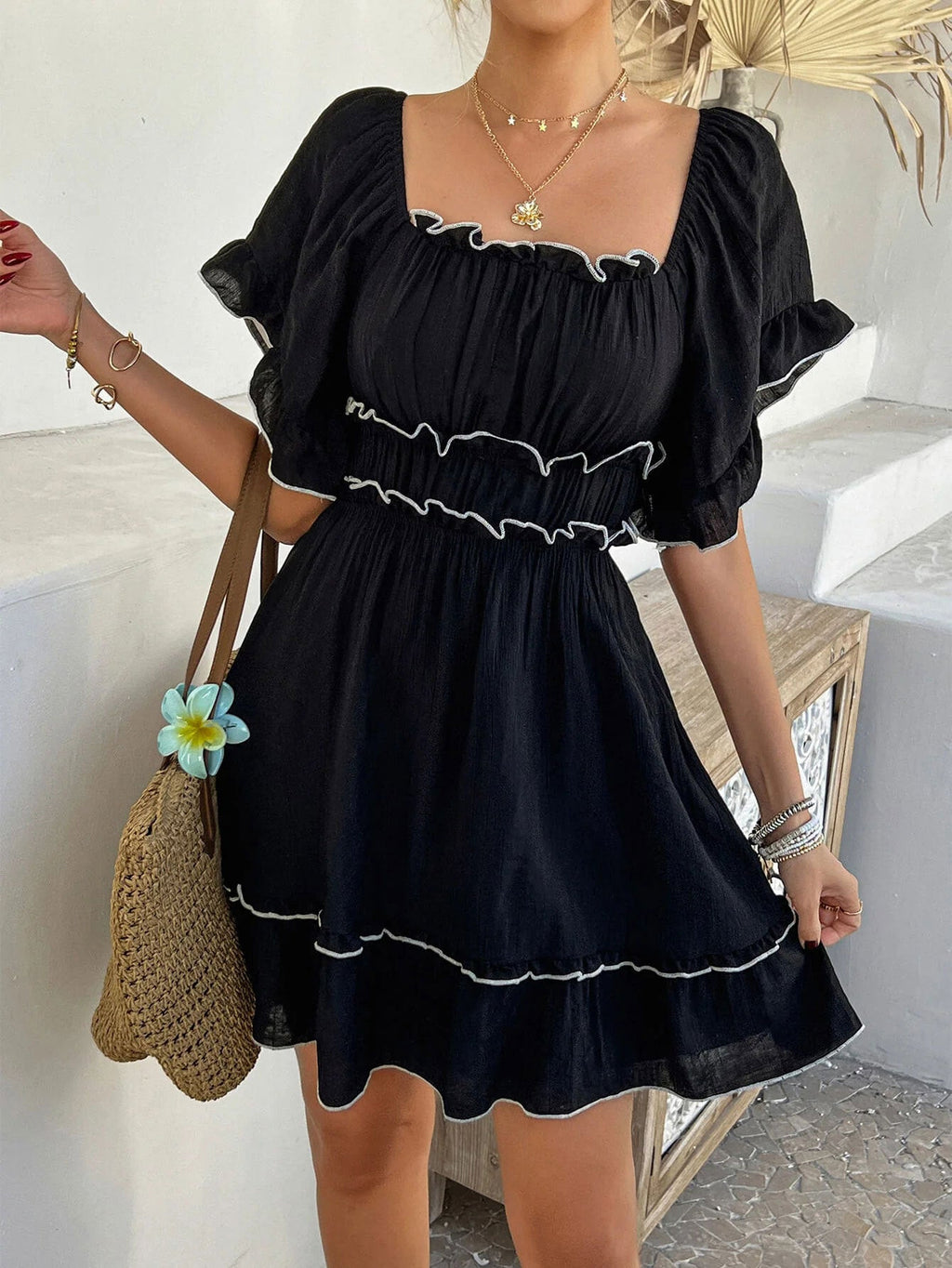 Black French Square Collar Ruffled Short Sleeves Dress Women Summer Color Matching Waist A line Dress Vacation Dress