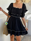 Black French Square Collar Ruffled Short Sleeves Dress Women Summer Color Matching Waist A line Dress Vacation Dress