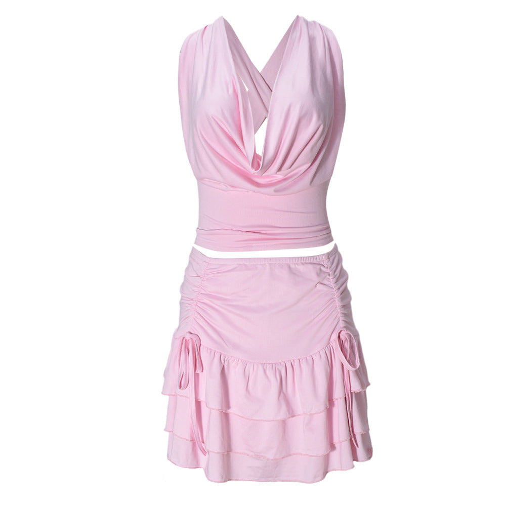 Women Clothing Hollow Out Cutout out Cropped Swing Collar Tied Top Cake Stretch Skirt Two Piece Sets