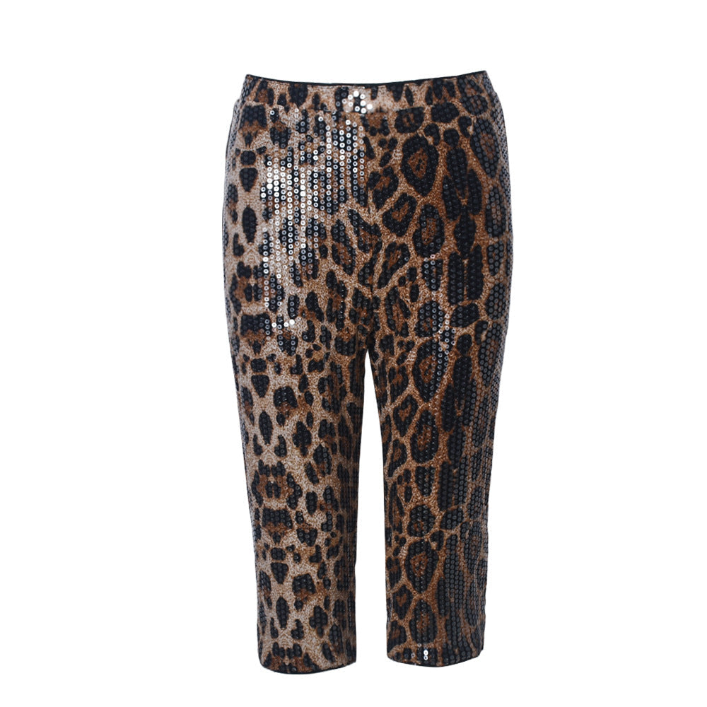 Trendy Sequin Model Sequin Women Leopard Print Stretch Shorts Elastic Waist Casual Shorts Women