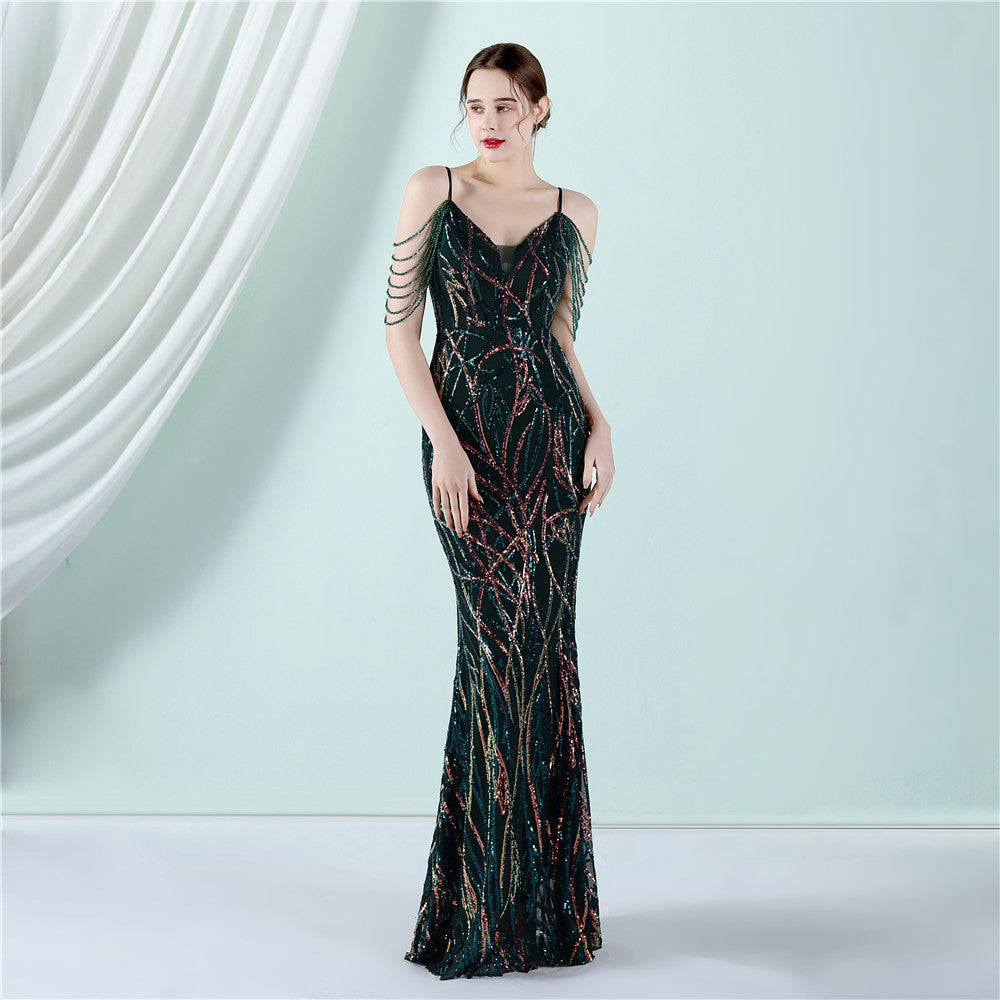 Träger Pailletten Toast Kleid Braut langes Dankesdinner schmal geschnittenes Meerjungfrauenkleid Hochzeitsauto Model Ausstellungs-Kleid