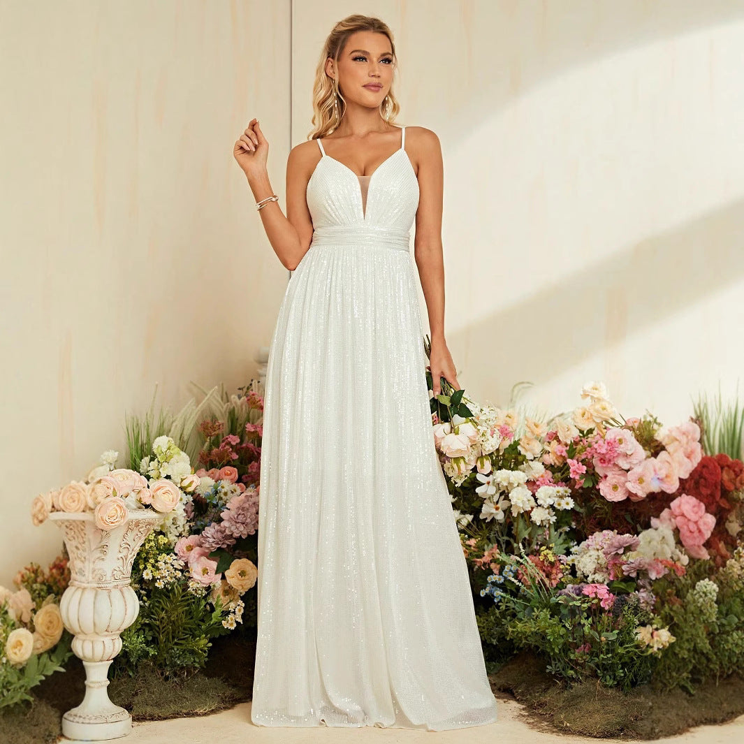 Weißes Ballkleid mit Hosenträgern, Strandkleid, Kirchenhochzeitskleid, schlichtes, elegantes Kleid, schmal geschnitten für schlanke Frauen
