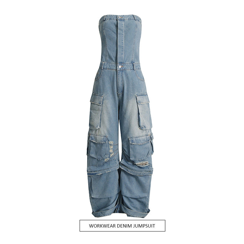 Sommer Multi-Taschen Zerrissen Taille Schlankmachend Sexy Bandeau-Top Overall Aus Jeans Für Damen