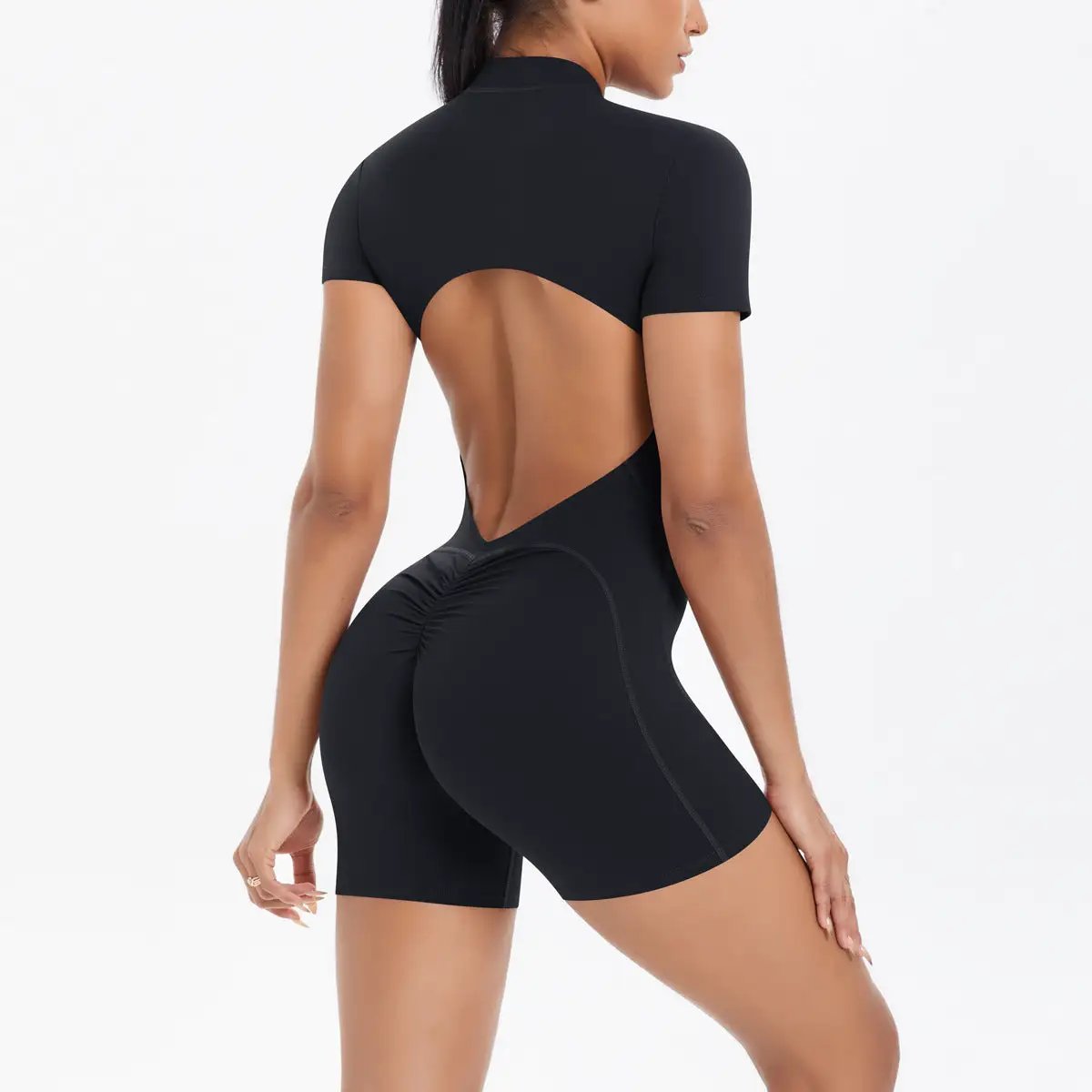 Hollow Out Cutout Beauty Back Short Sleeve Zipper Jumpsuit Peach Hip Sports Fitness Bare Back Jumpsuit Yoga Clothes for Women by Wanita Store