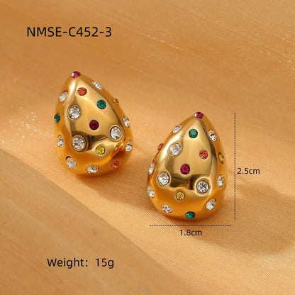 18K Gold Chubby Water Drop Stainless Steel Earrings Women Fashionable Diamond-Embedded Titanium Steel Ear Studs Earrings by Wanita Store