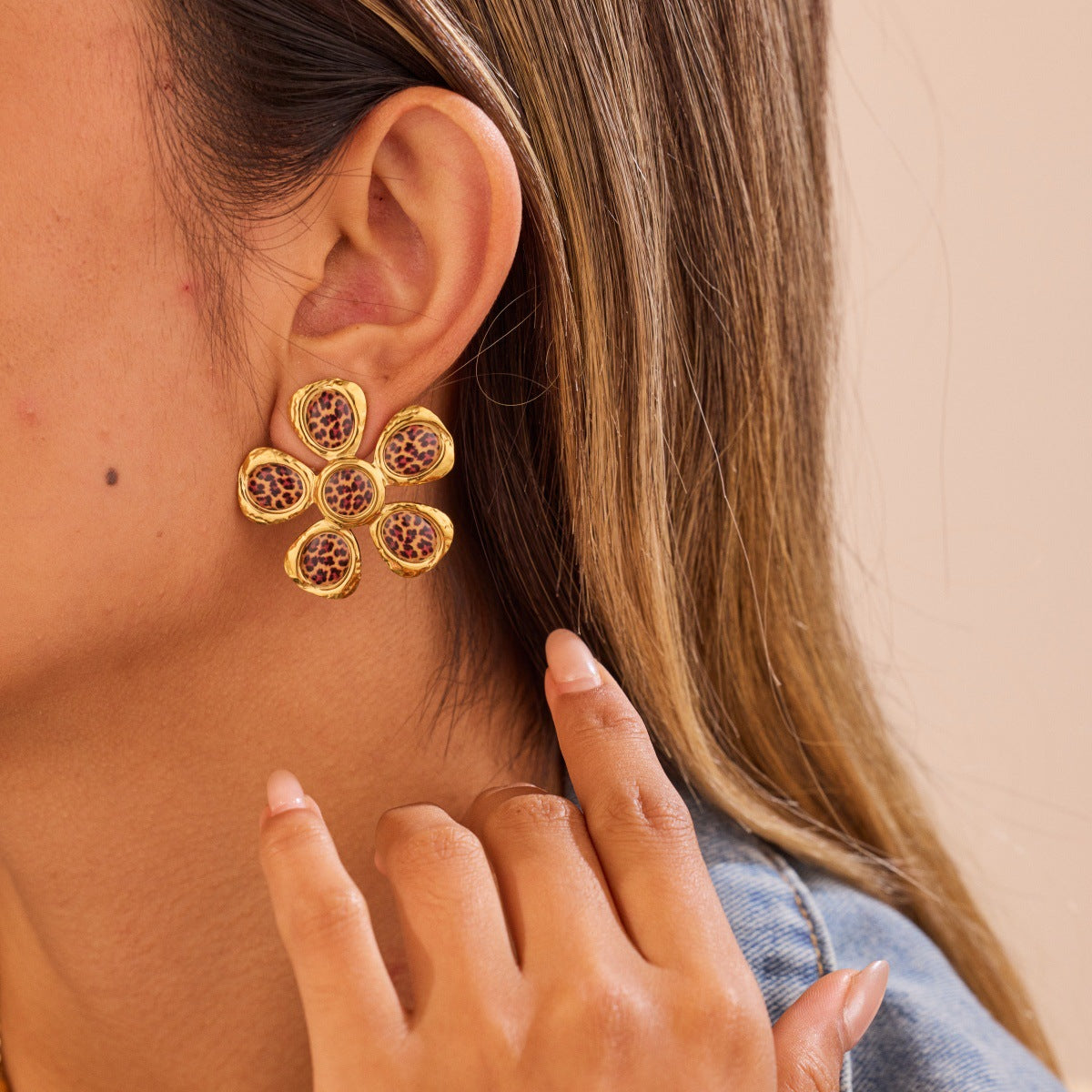 Trendy Leopard Print Design Floral Stainless Steel Studs Affordable Luxury Ear Rings