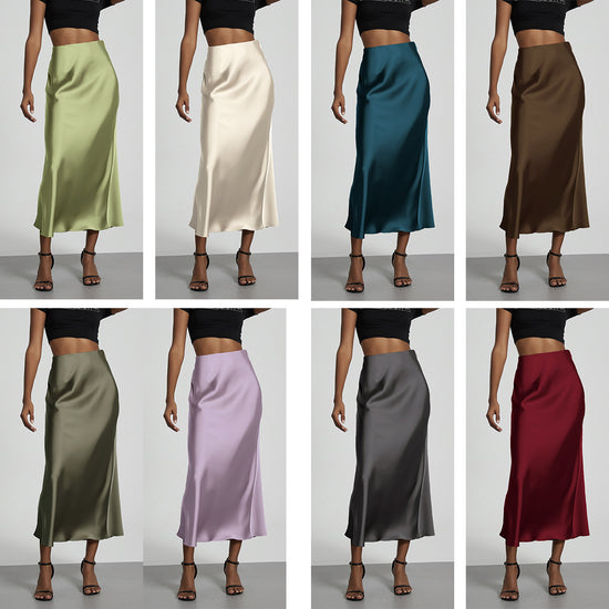 Auf Lager: Internationale Damenbekleidung, Großhandel, europäischer und amerikanischer Stil, eleganter Satin-Midirock, figurformend und fließend