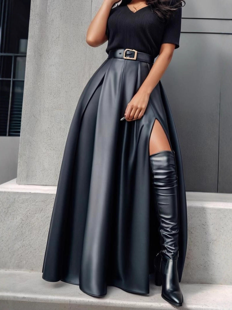 Faux Leather Skirt All Match Large Swing Split Leather Skirt Mid Length Irregular Asymmetric Maxi Dress Cover Slim
