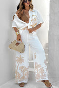 Summer Casual Cotton Linen Short Sleeve Collared Shirt Trousers Casual Two Piece Sets Women