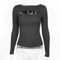 Damen Herbst Winter Ausgeschnittenes Langarm-Oberteil Sexy Stretch Ripp T-Shirt für Damen