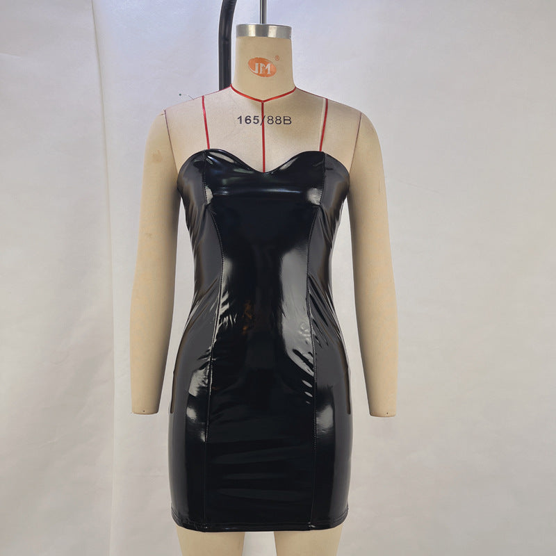 Women Clothing Mirror Faux Leather Sexy Bandeau One Shoulder Waist Tight Hip Wrapped Dress Women Nightclub