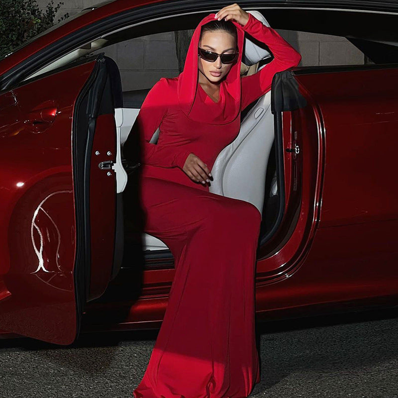Damenbekleidung Herbst Einfarbig Schmale Passform Kapuze Langarmkleid